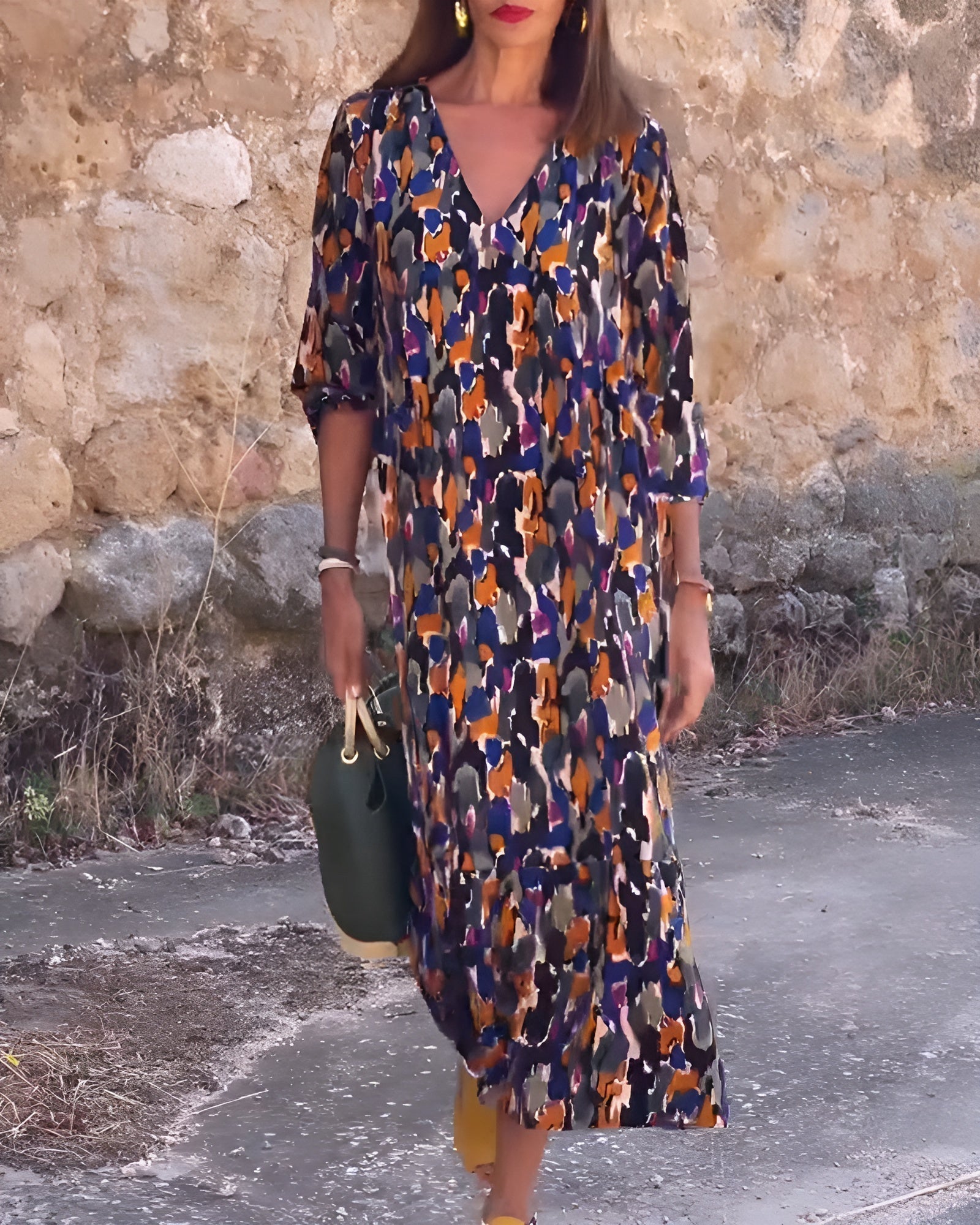 Nathalie | Kleid mit V-Ausschnitt im Retro-Muster