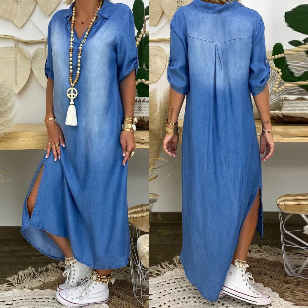 Lea | Langes Jeanskleid mit seitlichem Schlitz