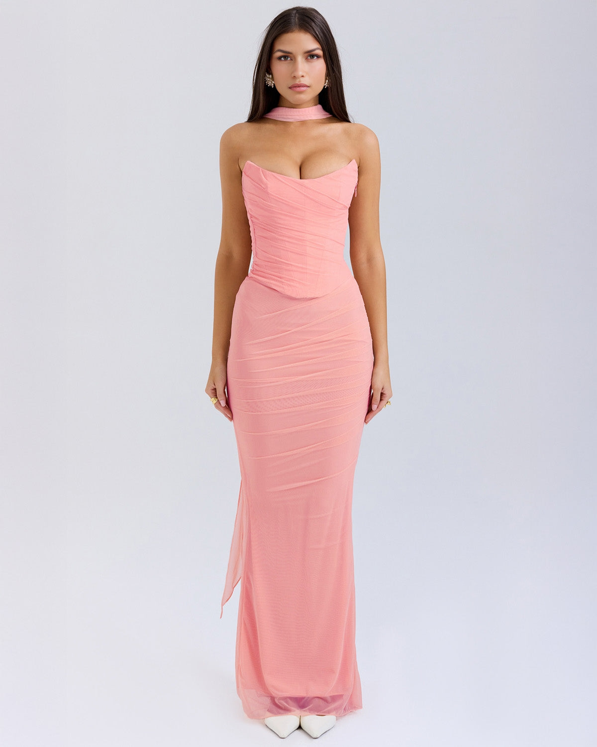 Lora | Lange Kleid mit Drapierung und Choker-Kragen