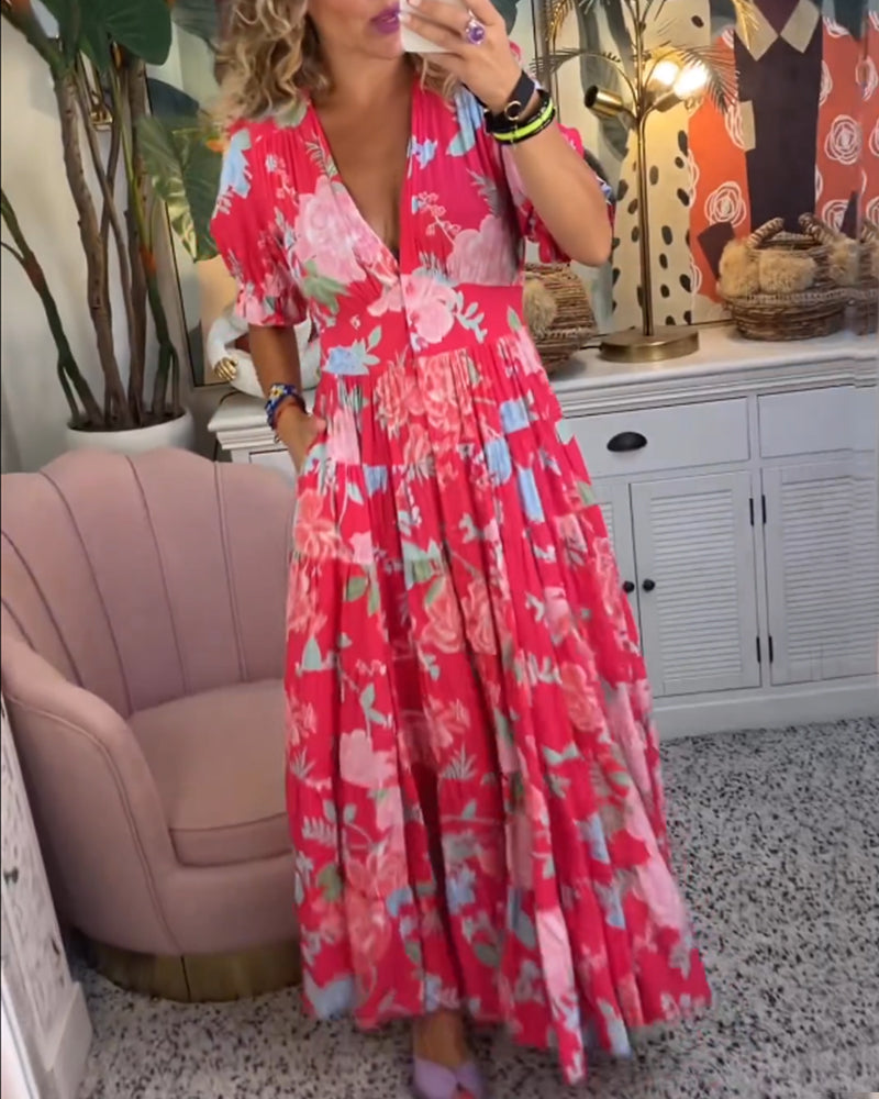 Catrisa | Blumen Kleid mit Taschen und V-Ausschnitt