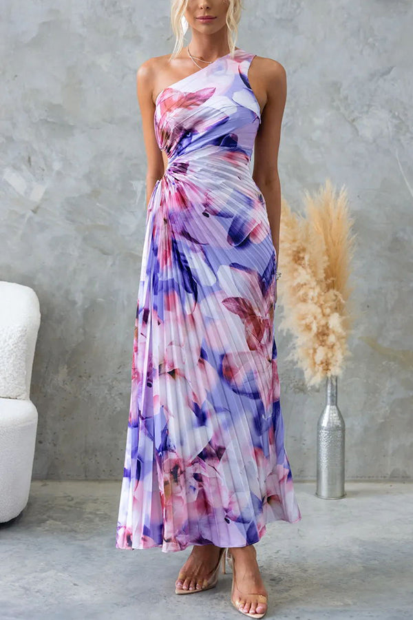 Deja - Maxi Kleid mit Blumenmuster und einem Schulter mit Falten