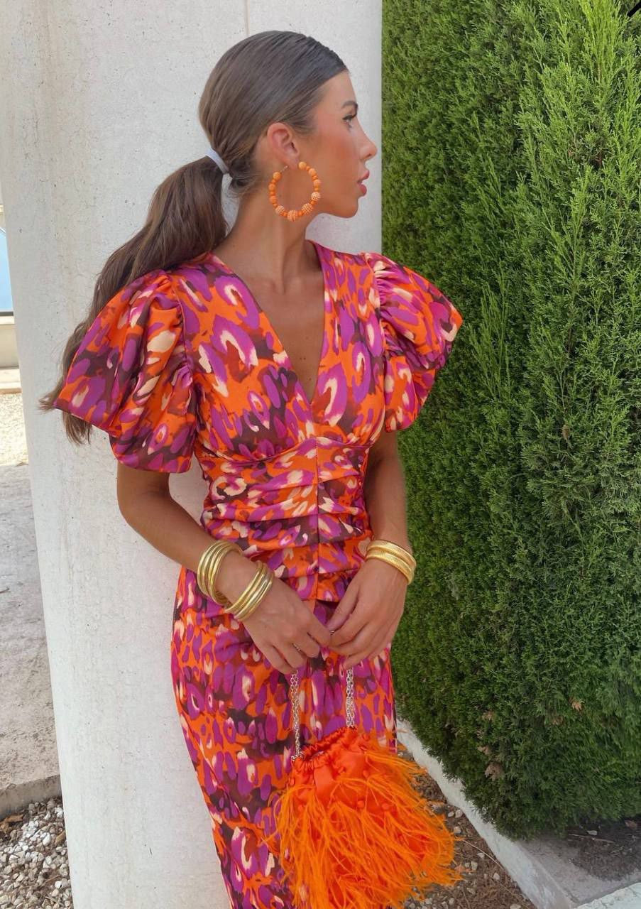 Arielle™ | Bunte Midi-Kleid mit Falten an den Ärmeln