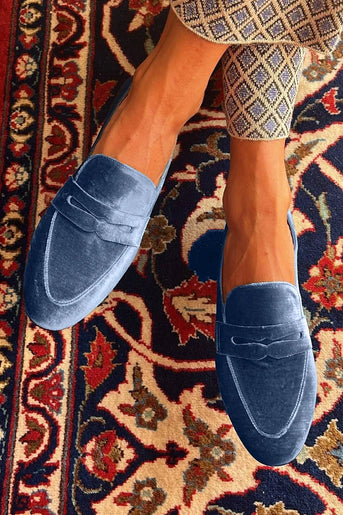 Linica Blaue Samt Mokassins mit Patchwork-Elementen und Rundem Zeh