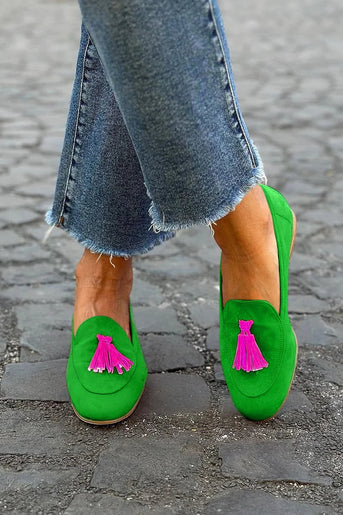 Sue | Grüne Loafers mit rosa Fransen