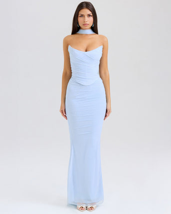 Lora | Lange Kleid mit Drapierung und Choker-Kragen