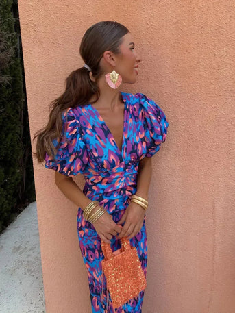 Arielle™ | Bunte Midi-Kleid mit Falten an den Ärmeln